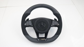 Alcantara / Leder Lenkradbezug BLACK Line passend für Mercedes Benz A43 C63 S63 G63 GLE AMG vorfacelift Weiß / Ich sende meine Teile ein